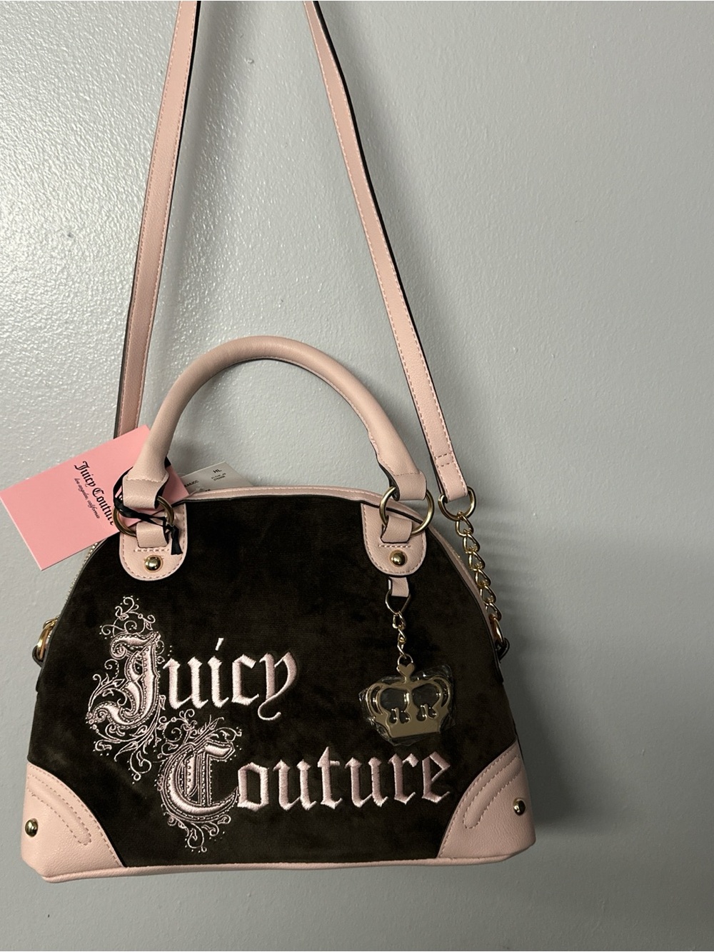 Juicy Couture Brown Suede Satchel with Pink Trim & Charm